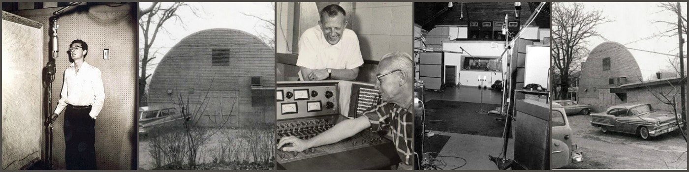 collage of old photos of quonset hut music studio
