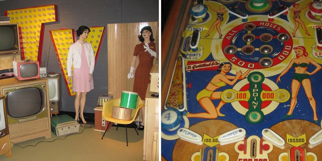 vintage mannequins and pinball machine with pinups