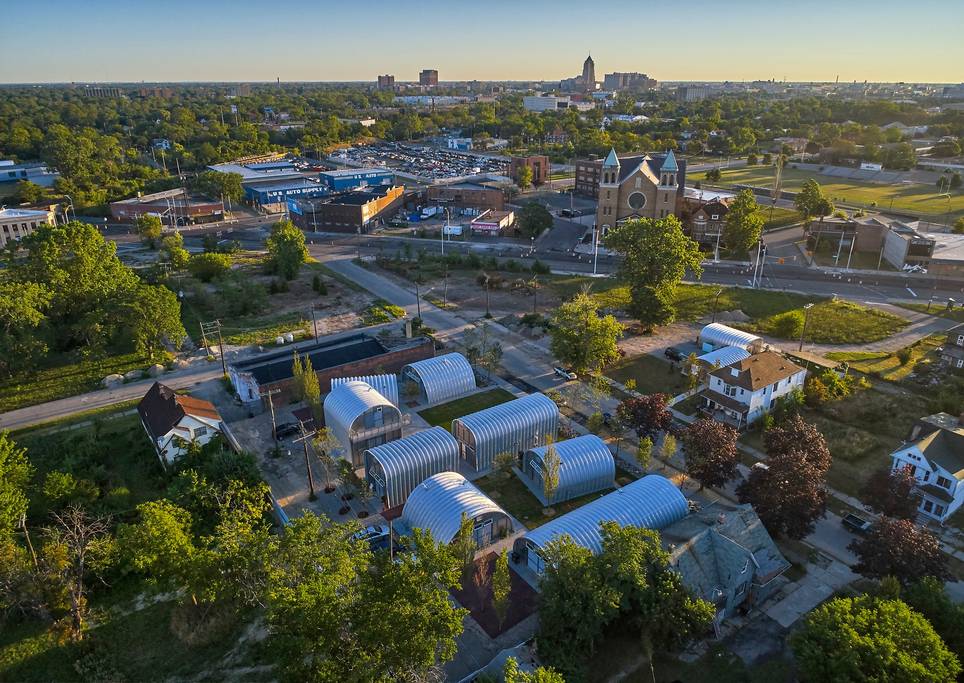 An aerial view of The Collective at True North, a village in Detroit with nine Quonset Huts.