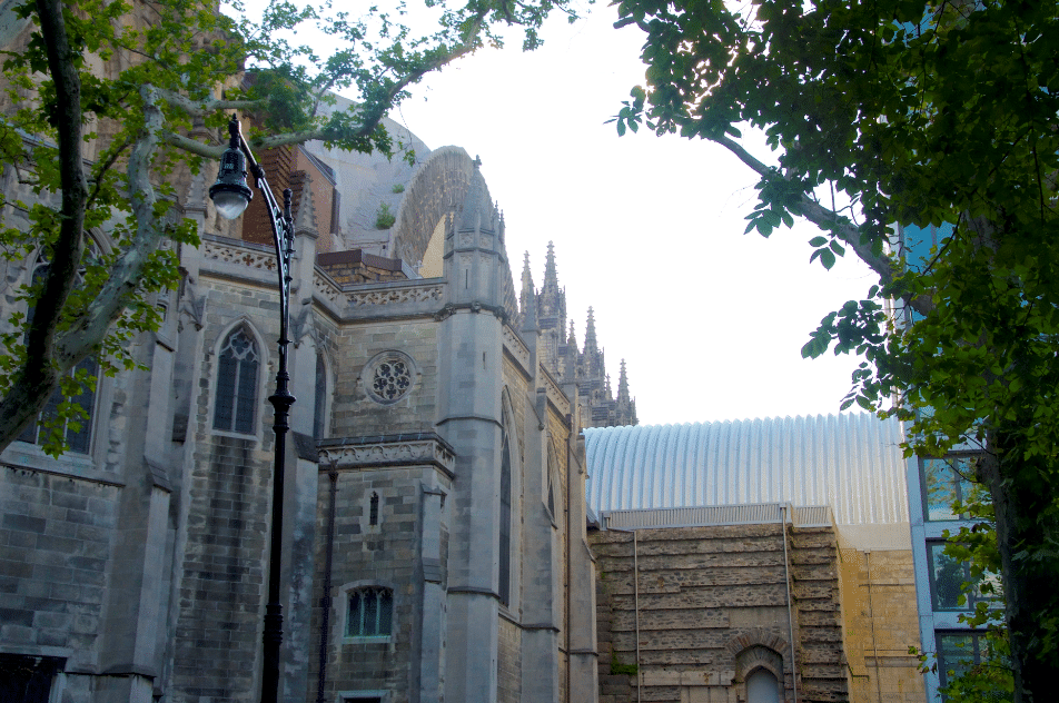 old cathedral with steel roof awning