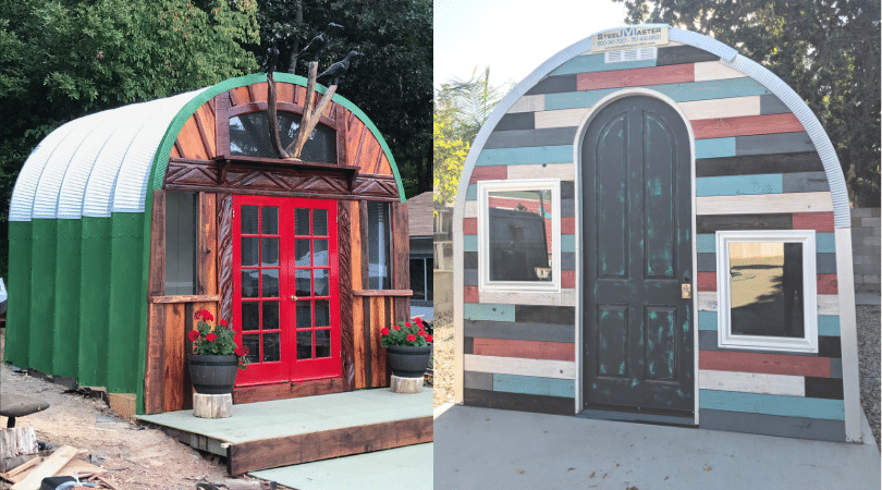 two steel arch sheds green siding red door with glass panels dark wood front with small porch multi colored wood frony with black and green front door glass windows