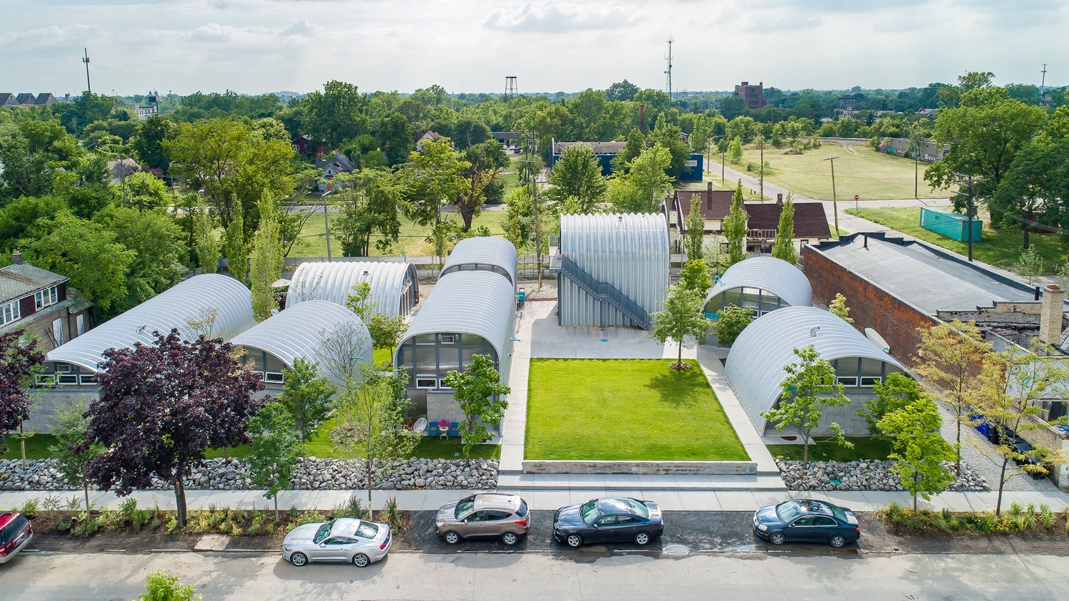 aerial view of city with village of quonset huts