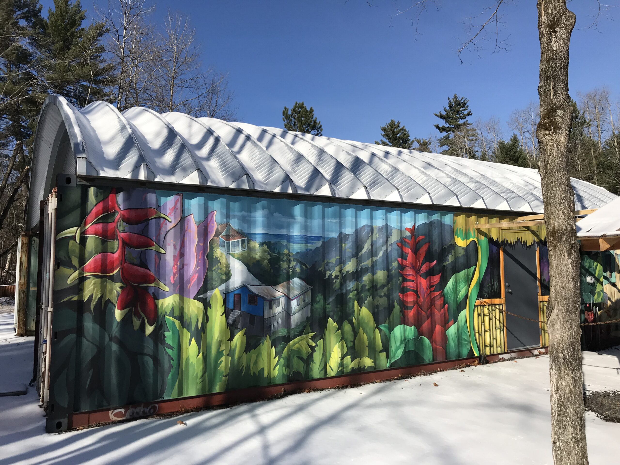 r model steel roofing system on top of painted container covers at a brewery