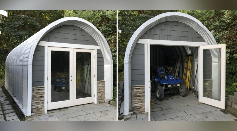 S-model quonset shed with recessed grey and stone custom endwall, glass french doors