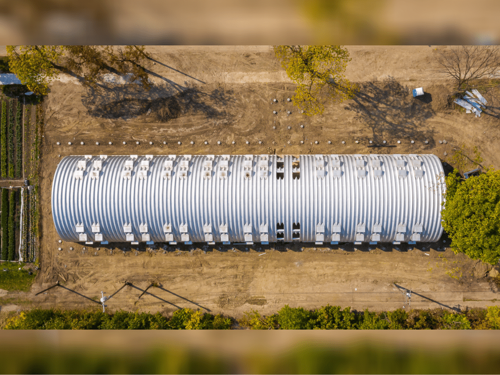 Aerial view of large S-Model Quonset building