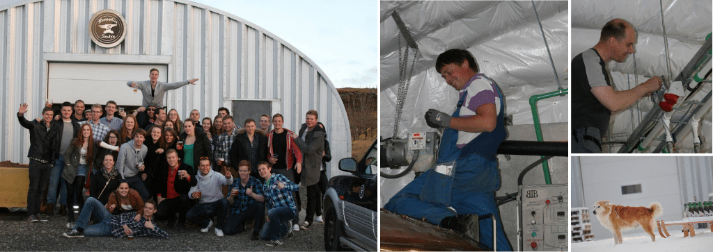 collage of group of people constructing quonset hut