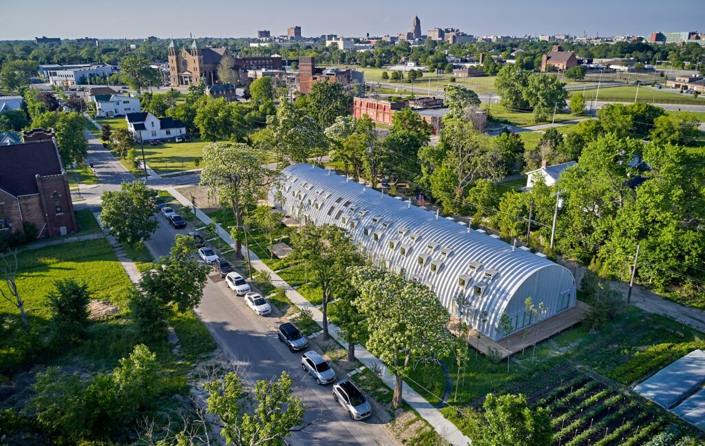 Aerial view of Quonset hut with steel endwalls