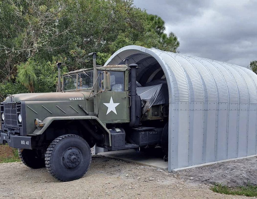 Army truck inside a S-Model quonset