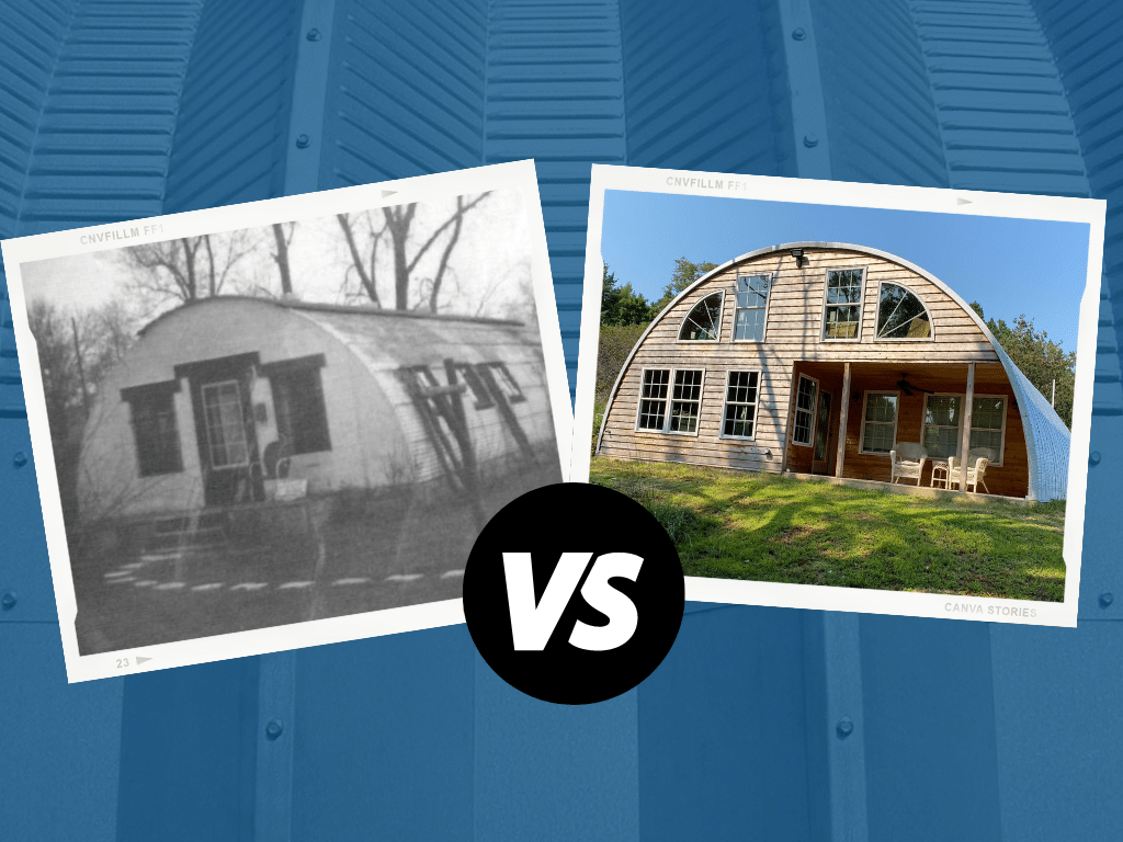 an old black and white photo of a nissen hut with a black circle with the white letters VS, then a photo of a quonset hut with wood custom endwalls