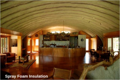 Inside of Quonset home with batten insulation, side entrance, wooden flooring