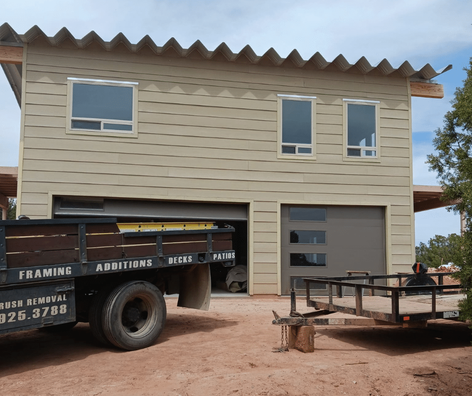 house with arched roofing system, two garages