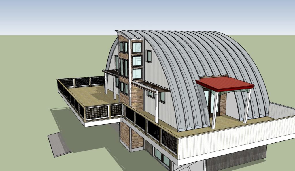 Digital 3-D design of a fire resistant Q-model Quonset home: side view with second level wrap around porch, custom tan endwall, upper level side entrance with red awning.