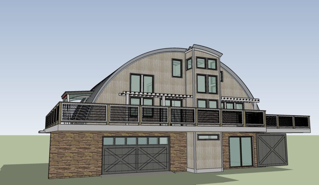 Digital 3-D design of a fire resistant Q-model Quonset home: second level wrap around porch, custom tan end wall. Lower level has a garage, sliding door entrance, and a stone exterior.