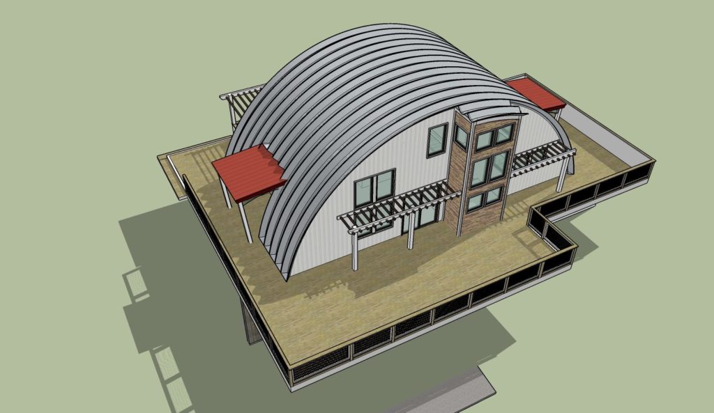 Digital 3-D design of a fire resistant Q-model Quonset home: view from above shows a second level wrap around porch, custom tan end wall, and two side entrances covered by red awnings.