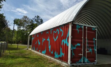 Red freight container painted with blue shapes attached to metal arched roof of container cover