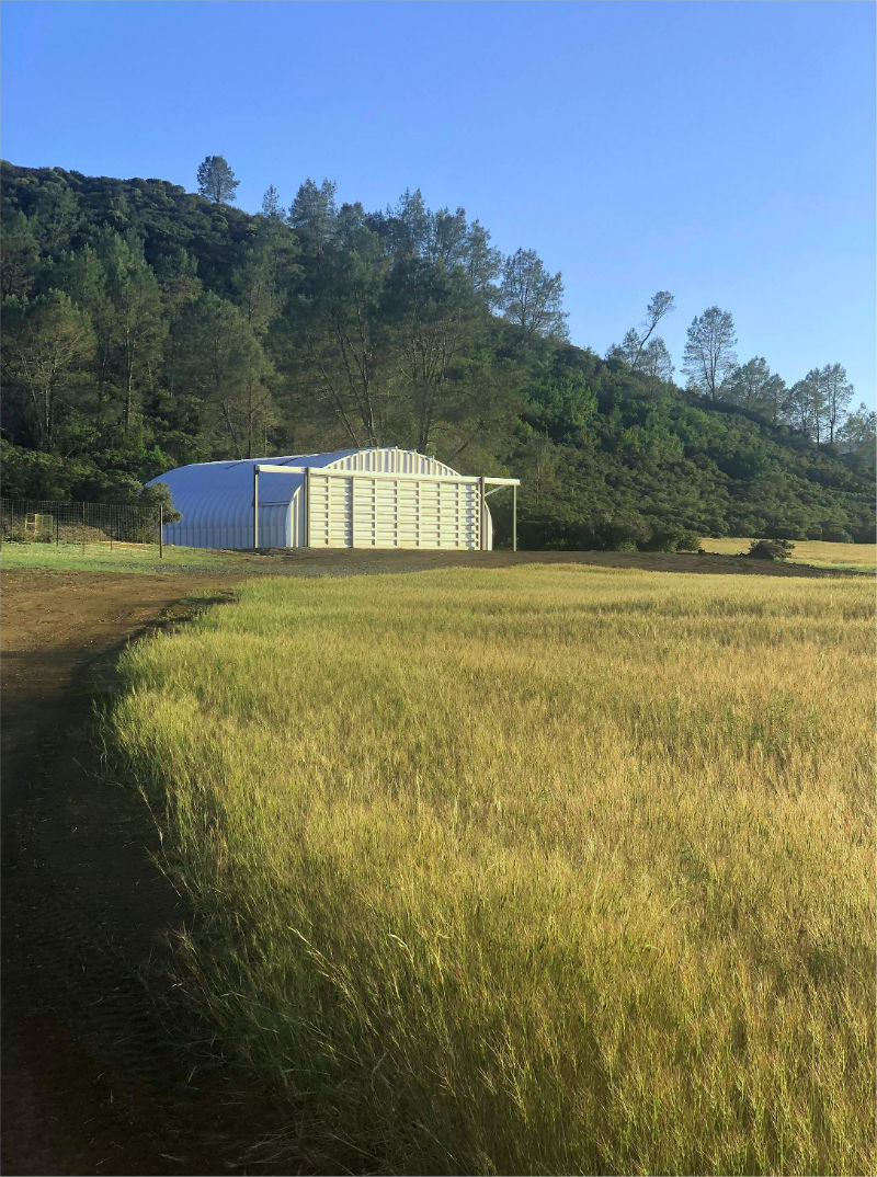 field with metal quonset hut in the distance with a silver front endwall and sliding hangar doors