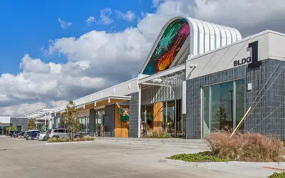 decorative steel arch awning over store entrance with locally painted murals underneath.