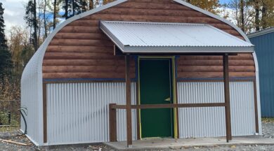 steel A model arch style building with custom endwall and awning used for a dispensary