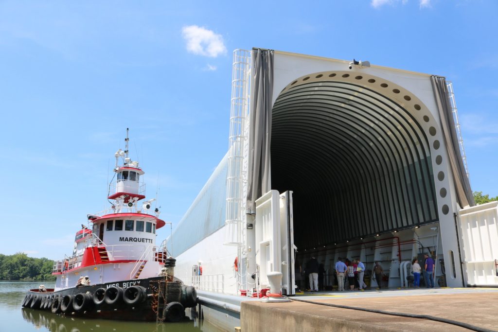 Open-ended side of NASA's Quonset hut barge.