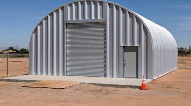 S-Model Quonset hut with a single traffic cone in front.