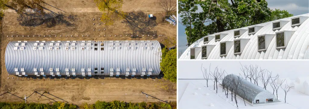 An aerial view of a S-Model steel building and close ups of the windows