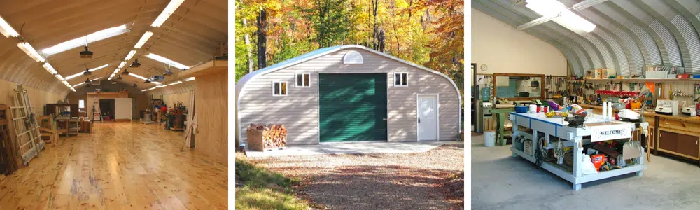 collage of quonset hut workshop exterior and interior