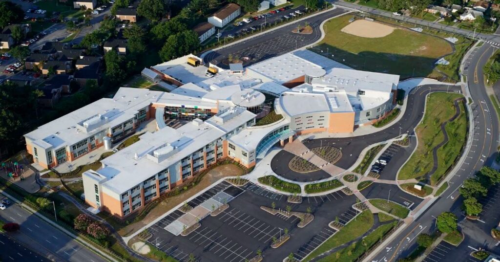 aerial view of old donation center school campus