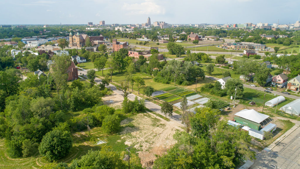 Bird's eye view outside of Detroit where real estate development company, Prince Concepts, hopes to put their new housing project.