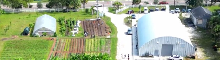 Birds eye view of Eartha's Farm and Market showing the greenhouse and Quonset hut. 