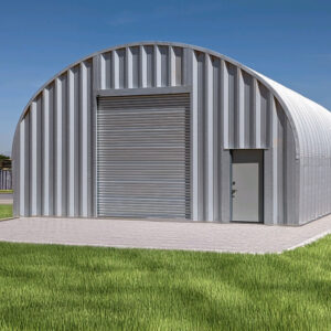 S-Model Quonset hut with steel endwall and cannister garage door with grass